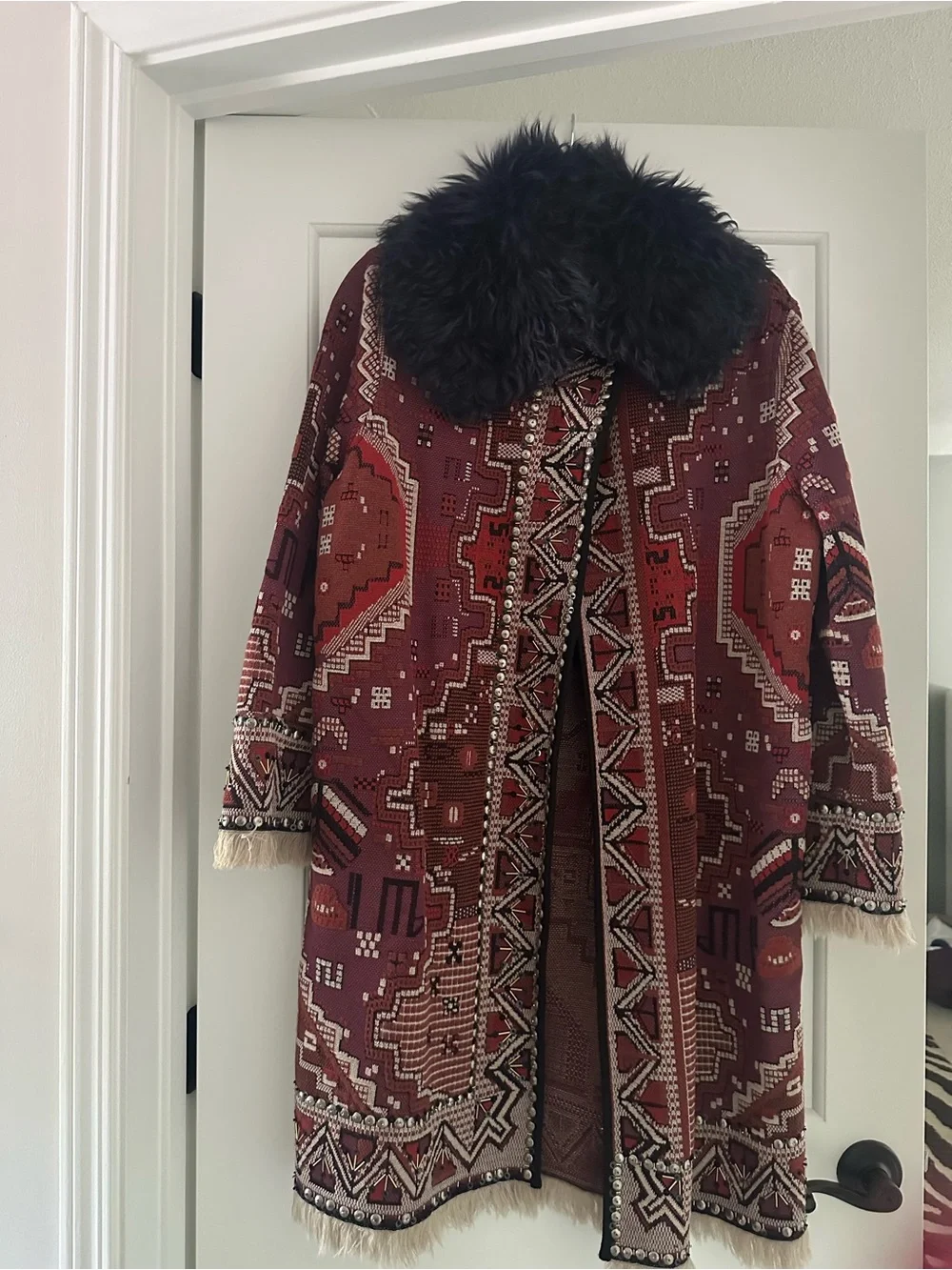 Tory Burch Burgundy Embroidered Coat with Black Faux Fur Collar